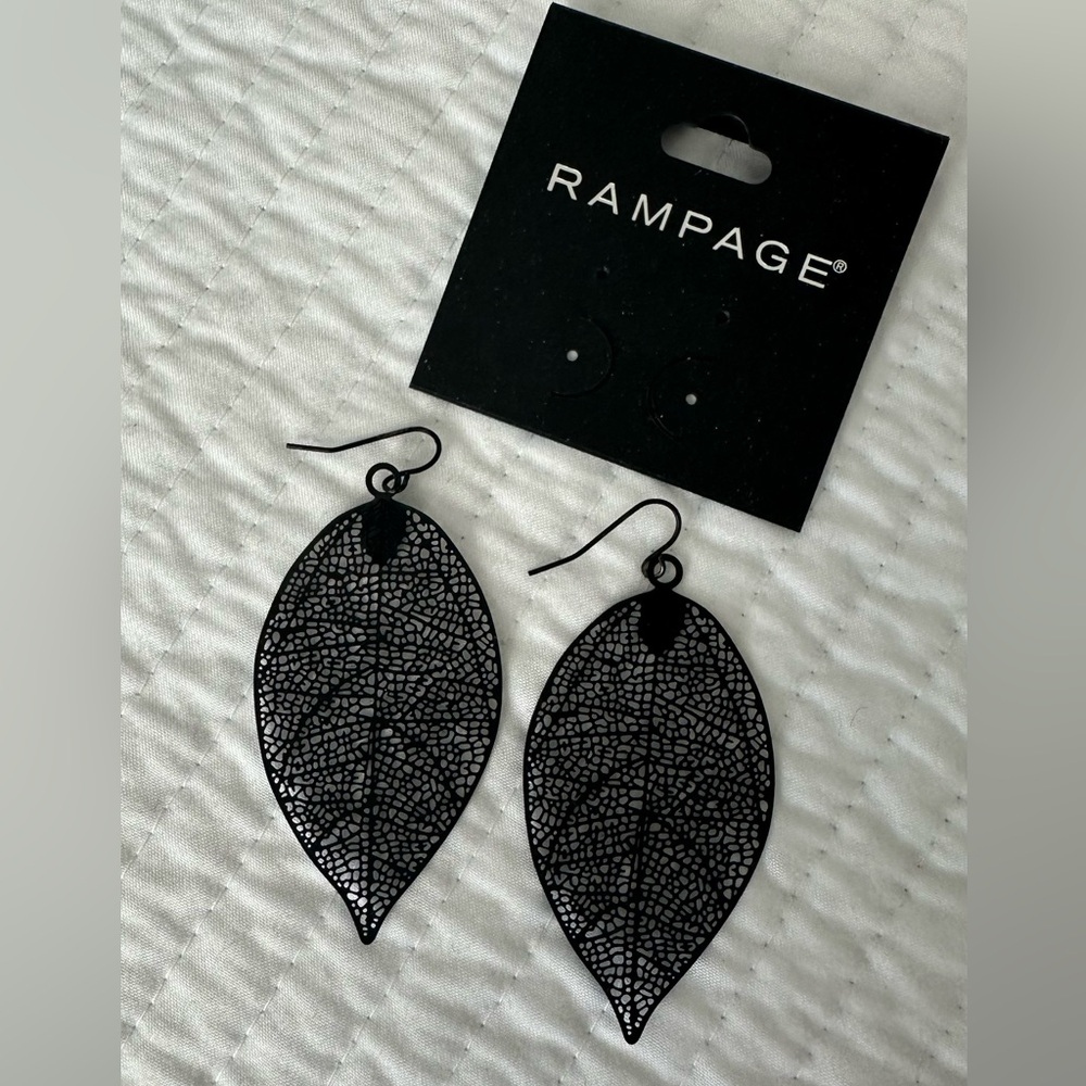 Rampage Black Leaf Dangle Earrings NWT